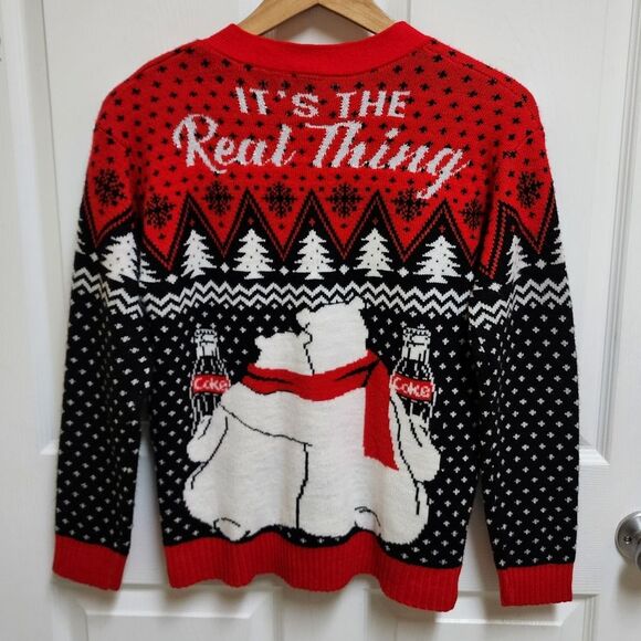 Coca Cola Cardigan Sweater XS Red Black White Bears Real Thing Pom Poms Novelty - Picture 2 of 12